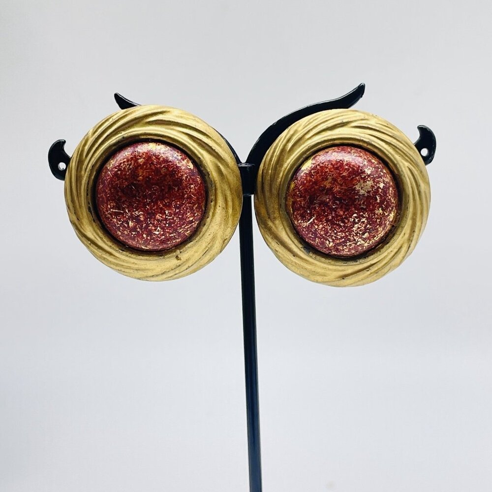 Red Glitter Clip On Earrings Gold Tone Vintage Style Statement Costume Jewelry